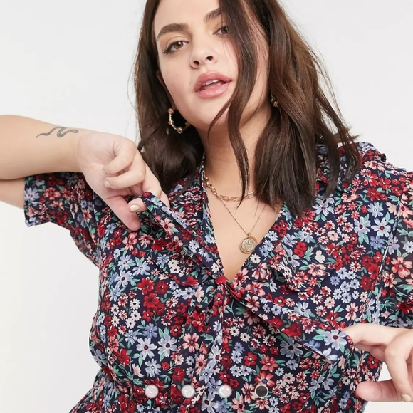 ASOS Wednesday's Girl Curve Mini Smock Dress Tie Collar Wallpaper Floral - Picture 3 of 7